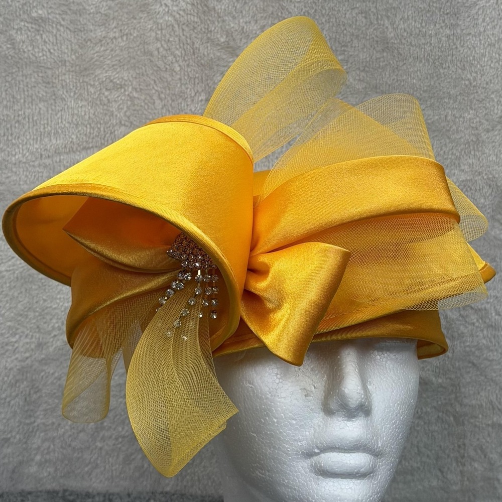 NWT Mr. Hi's Hat Cloche Womens Gold Satin Bow Rhinestone Derby Wedding Church